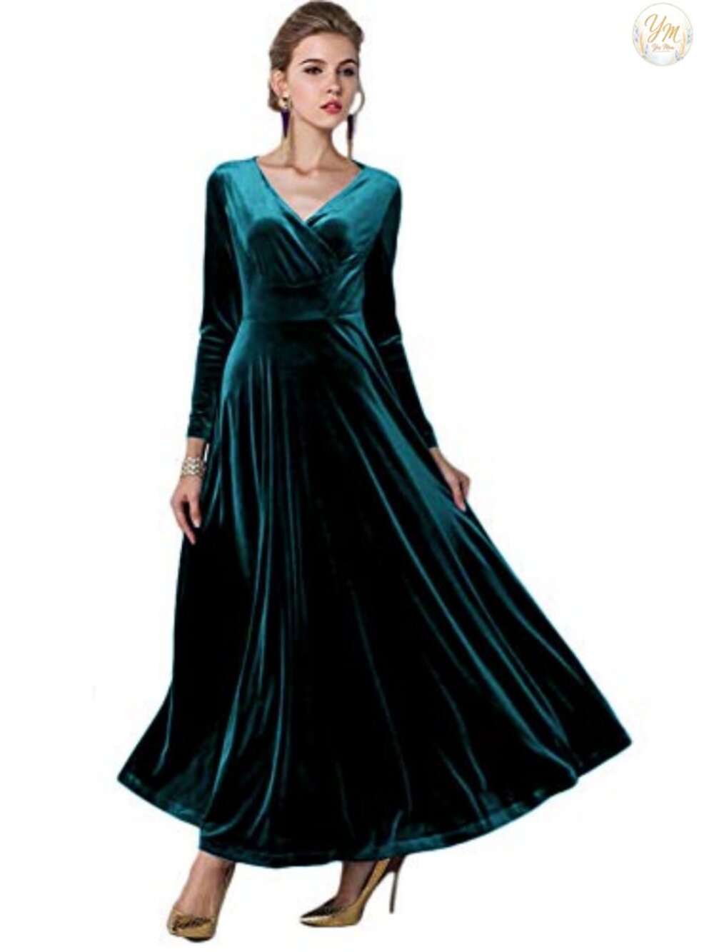 Elegant Velvet Long Sleeve Maxi Dress Evening Party Formal Gown